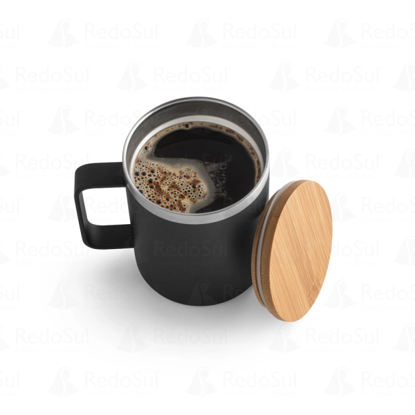 Copo personalizado em aço inox reciclado com tampa em bambu 420 mL